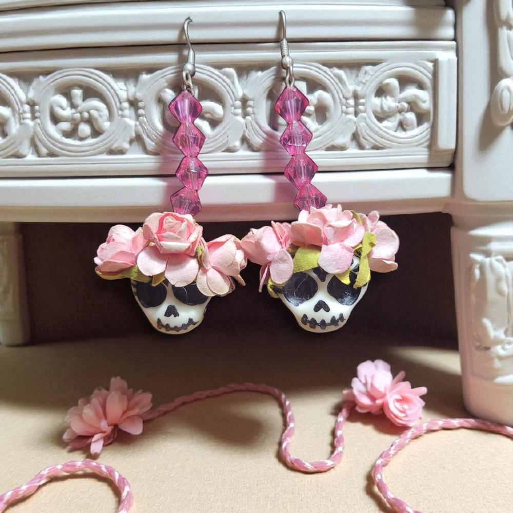 Floral Skull Statement Earrings with Pink Accents